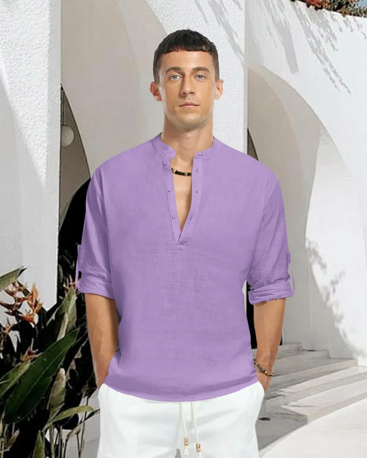 Men's Linen Cotton Long Sleeve Button Down Henley Shirt Casual Solid Band Collar Beach Shirts
