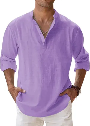 Men's Linen Cotton Long Sleeve Button Down Henley Shirt Casual Solid Band Collar Beach Shirts