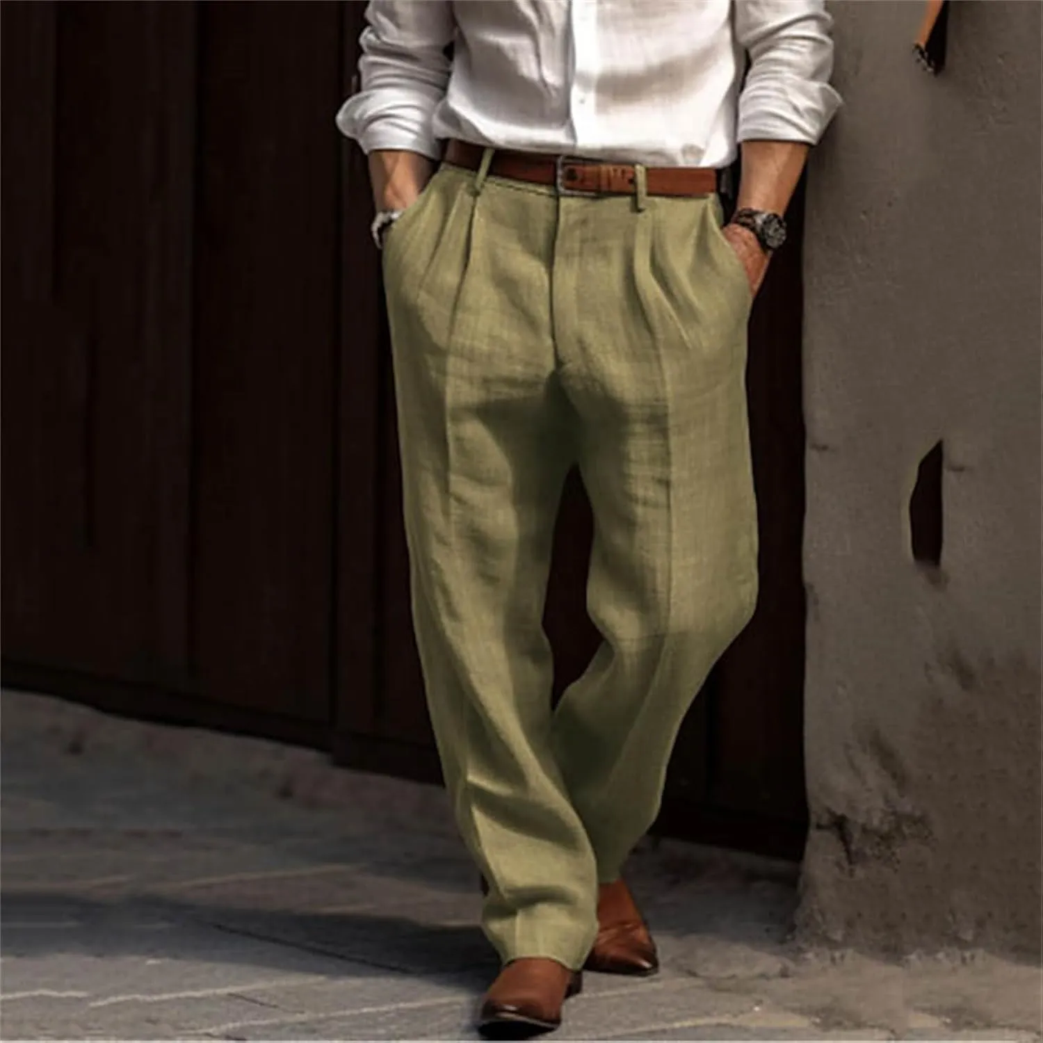 Men's Linen Pants Lightweight Straight Leg Pleated Leisure Trouser Relaxed Fit Casual Yoga Beach Work Dress Pant