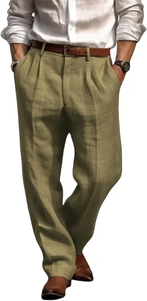Men's Linen Pants Lightweight Straight Leg Pleated Leisure Trouser Relaxed Fit Casual Yoga Beach Work Dress Pant