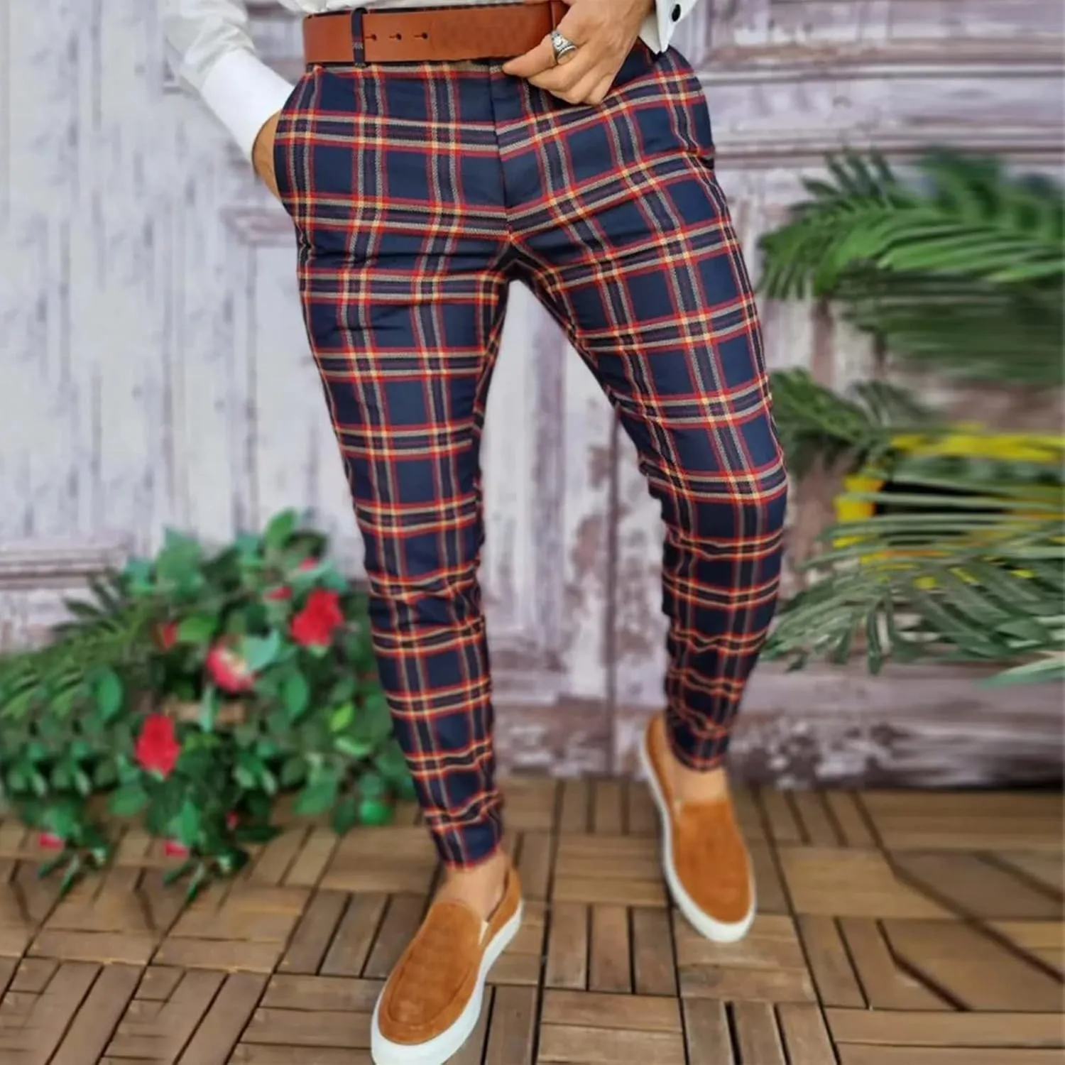 Mens Plaid Stretch Dress Pants Slim Fit Skinny Chino Pant Tapered Leg Checkered Casual Business Golf Work Suit Pants