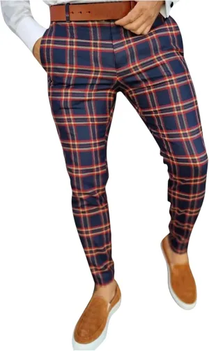 Mens Plaid Stretch Dress Pants Slim Fit Skinny Chino Pant Tapered Leg Checkered Casual Business Golf Work Suit Pants