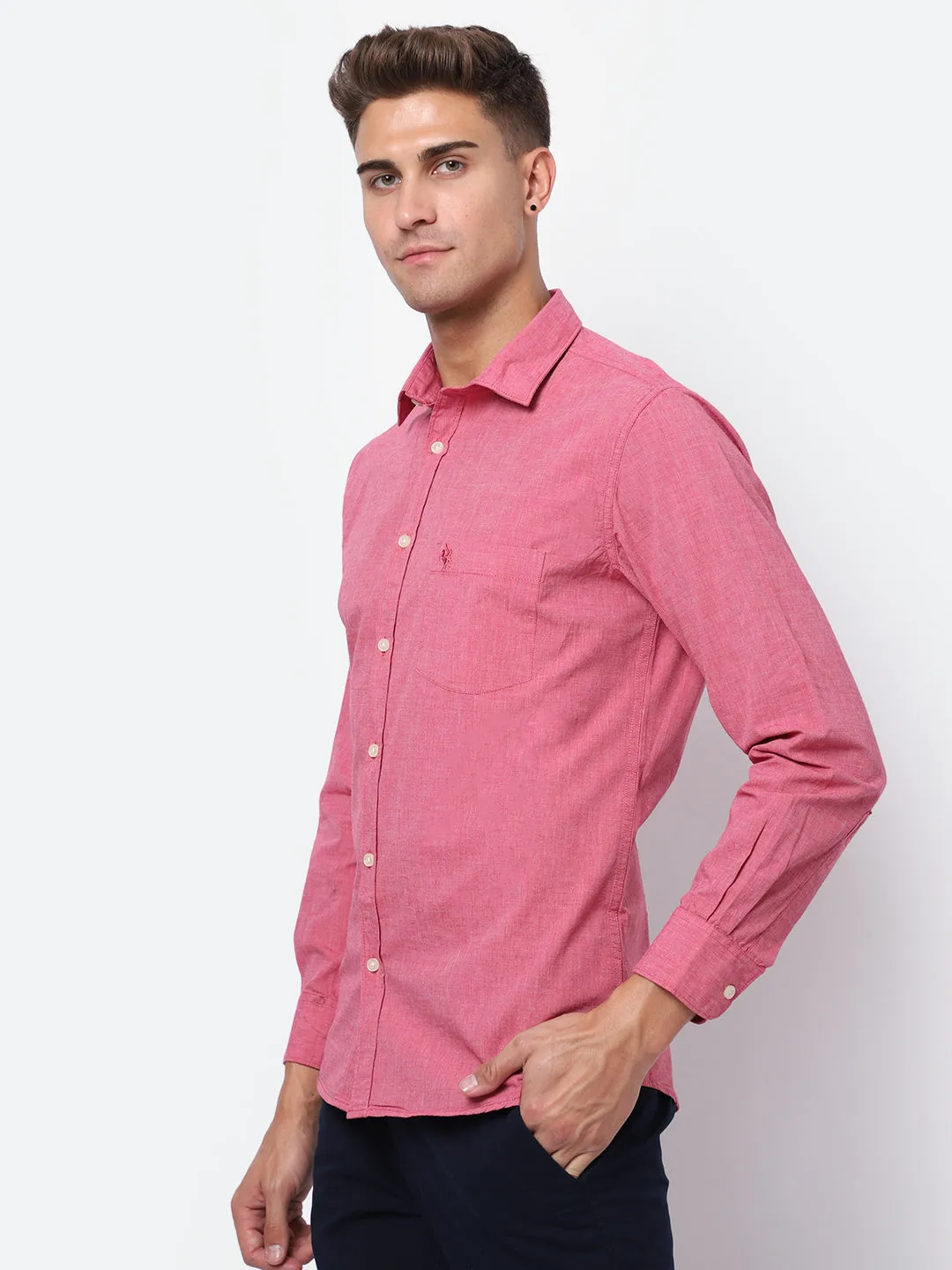 Men's Red Casual Fil a Fil Plain Full Sleeve Shirt