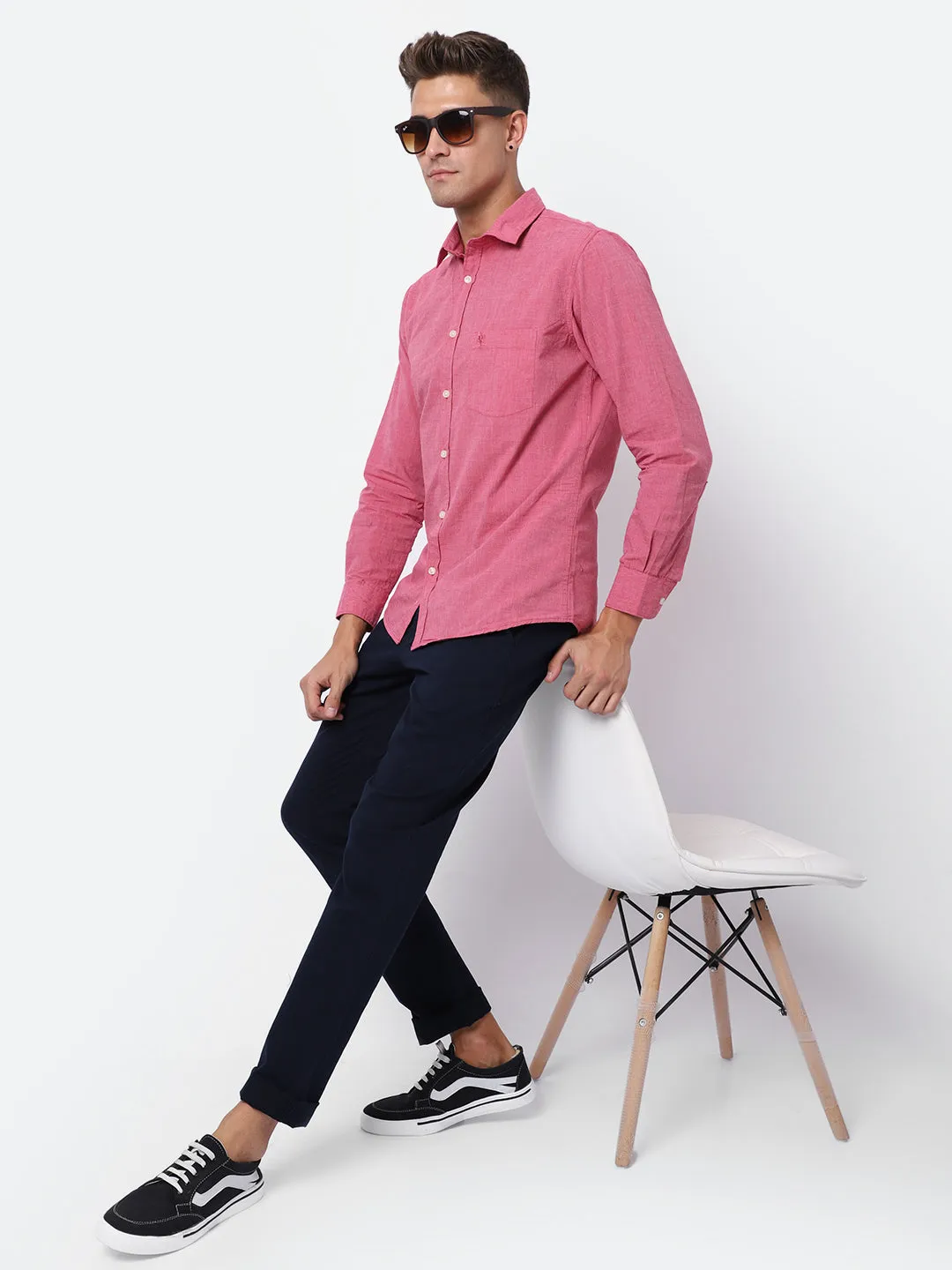 Men's Red Casual Fil a Fil Plain Full Sleeve Shirt