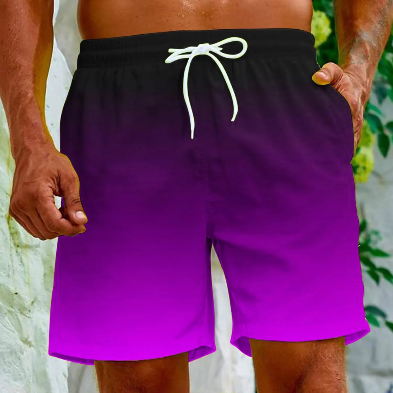 Mens Summer Beach Short Pants Gradient Drawstring Elastic Stretch Casual Shorts Multi-Pocket Fast Dry Baggy Jorts
