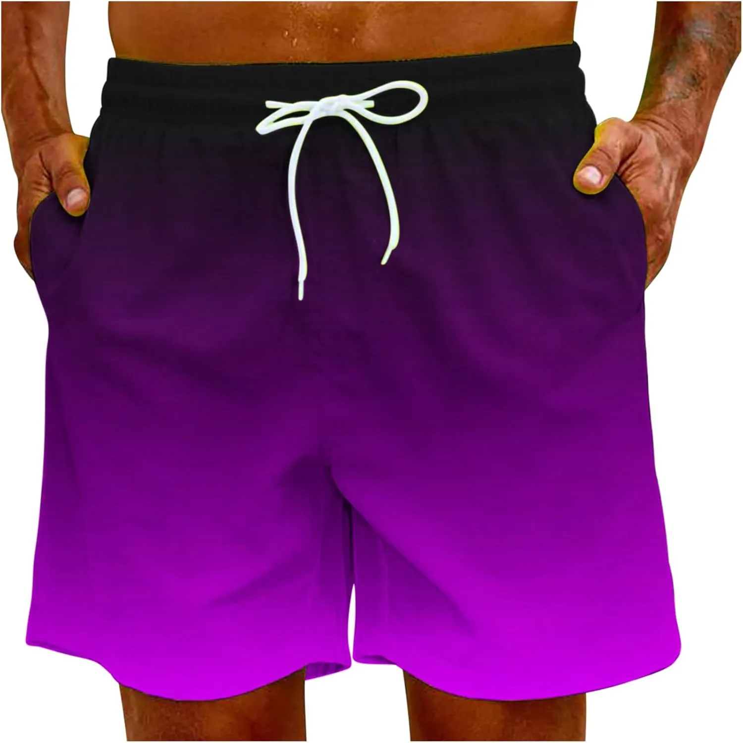 Mens Summer Beach Short Pants Gradient Drawstring Elastic Stretch Casual Shorts Multi-Pocket Fast Dry Baggy Jorts