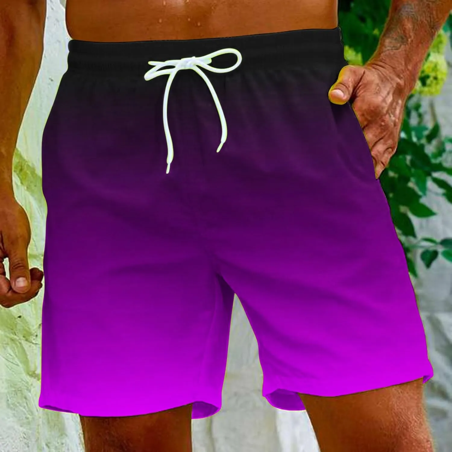 Mens Summer Beach Short Pants Gradient Drawstring Elastic Stretch Casual Shorts Multi-Pocket Fast Dry Baggy Jorts