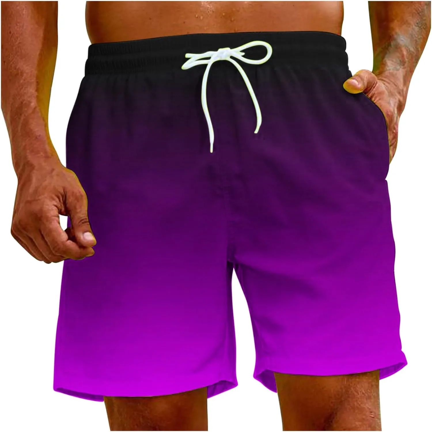Mens Summer Beach Short Pants Gradient Drawstring Elastic Stretch Casual Shorts Multi-Pocket Fast Dry Baggy Jorts