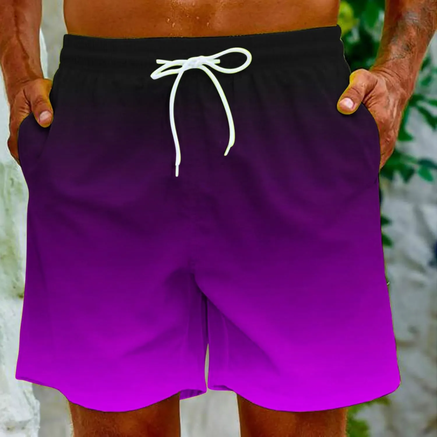 Mens Summer Beach Short Pants Gradient Drawstring Elastic Stretch Casual Shorts Multi-Pocket Fast Dry Baggy Jorts