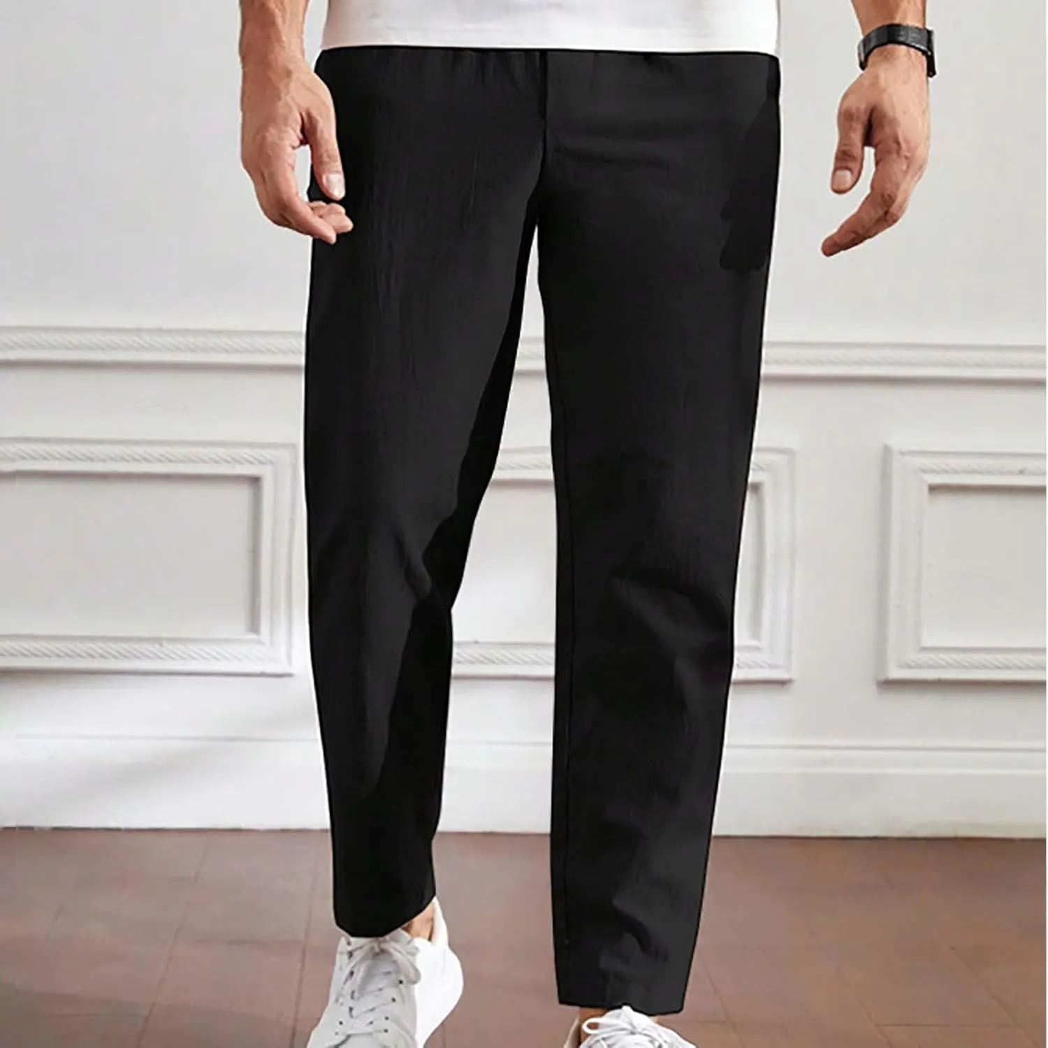 Mens Summer Cropped Pants Casual Elastic Waist Slim Fit Ankle Length Trousers with Pockets Stretch Drawstring Sweatpants