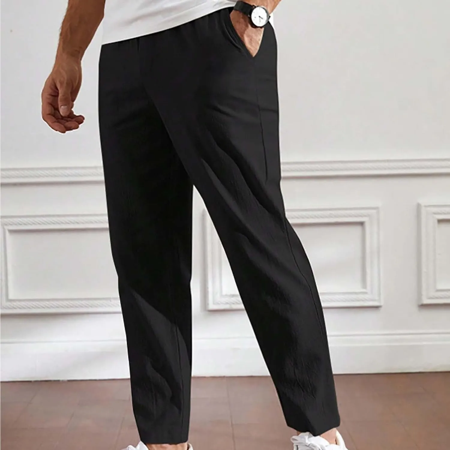 Mens Summer Cropped Pants Casual Elastic Waist Slim Fit Ankle Length Trousers with Pockets Stretch Drawstring Sweatpants
