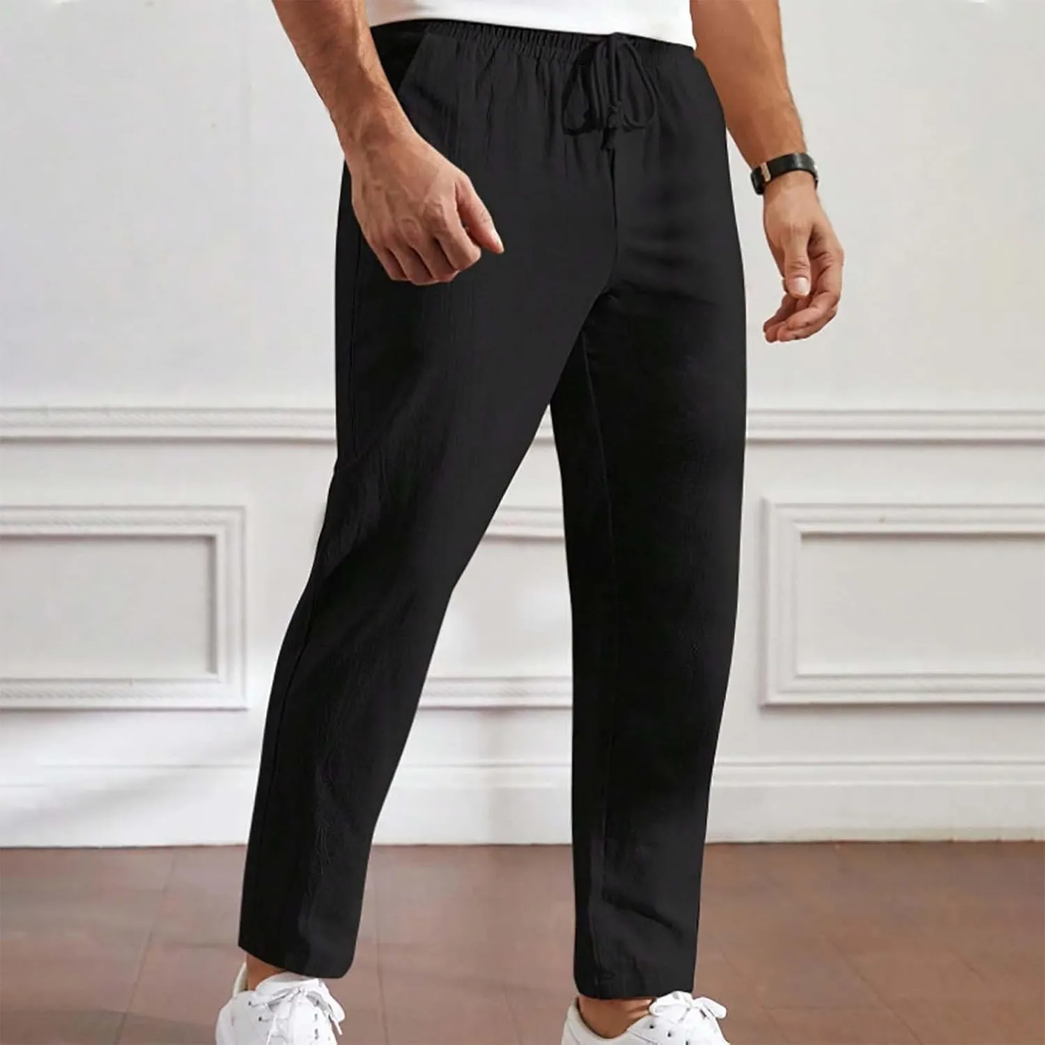 Mens Summer Cropped Pants Casual Elastic Waist Slim Fit Ankle Length Trousers with Pockets Stretch Drawstring Sweatpants