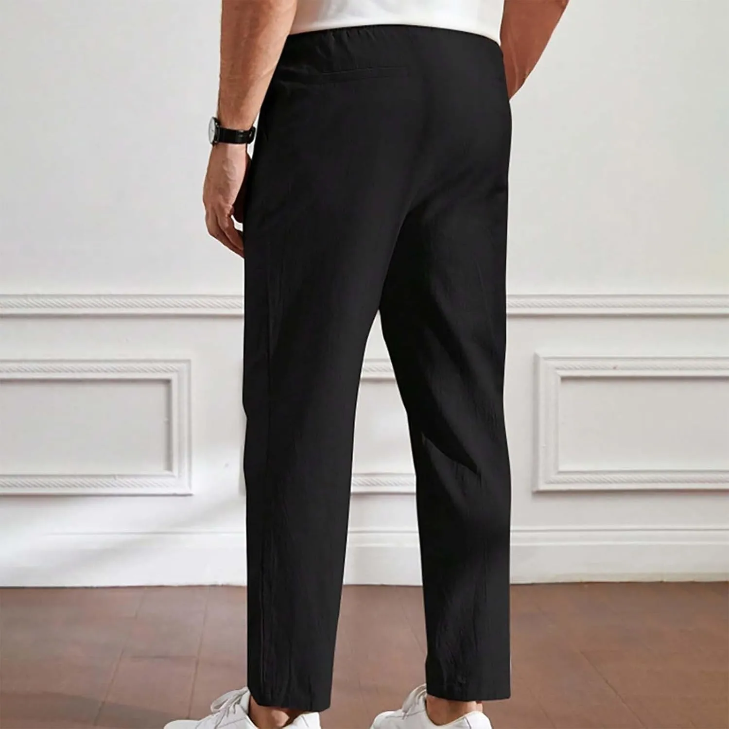 Mens Summer Cropped Pants Casual Elastic Waist Slim Fit Ankle Length Trousers with Pockets Stretch Drawstring Sweatpants