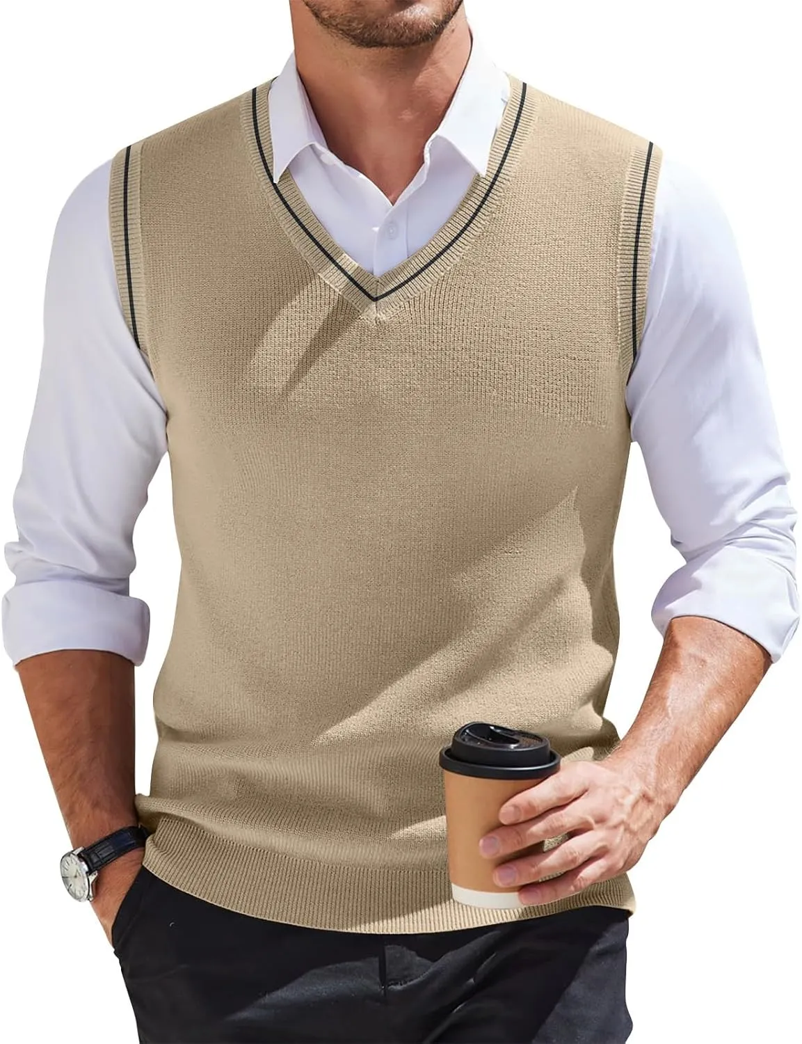 Mens Sweater Vest v Neck Sleeveless Casual fit Knitted Pullover Sweater Lightweight Business Work Waistcoat Tops