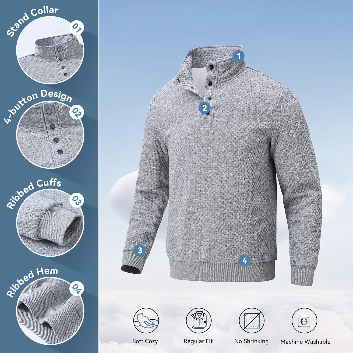 Men's Sweatshirt Quilted Mens Sweater Quarter Button Pullover Sweater Knit Long Sleeve Stand Collar Warm Lightweight