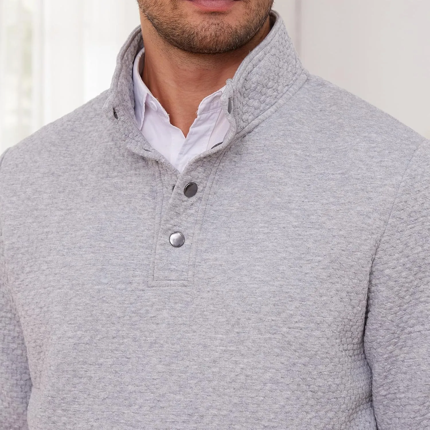 Men's Sweatshirt Quilted Mens Sweater Quarter Button Pullover Sweater Knit Long Sleeve Stand Collar Warm Lightweight