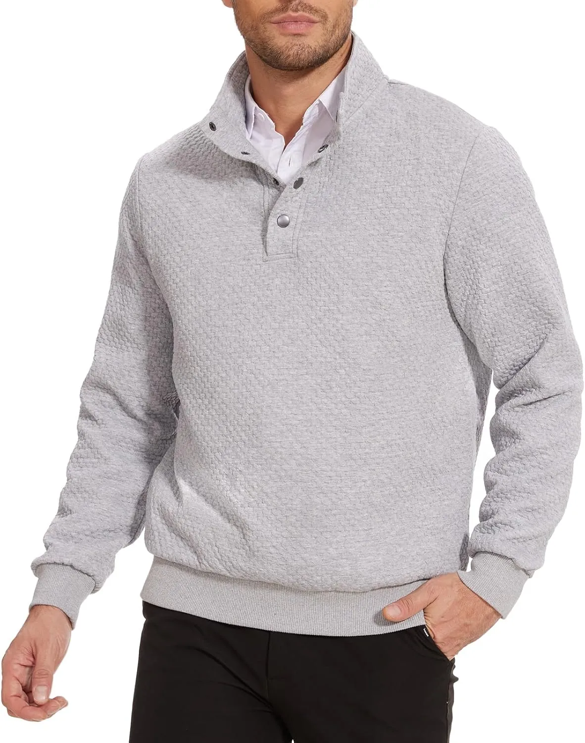 Men's Sweatshirt Quilted Mens Sweater Quarter Button Pullover Sweater Knit Long Sleeve Stand Collar Warm Lightweight