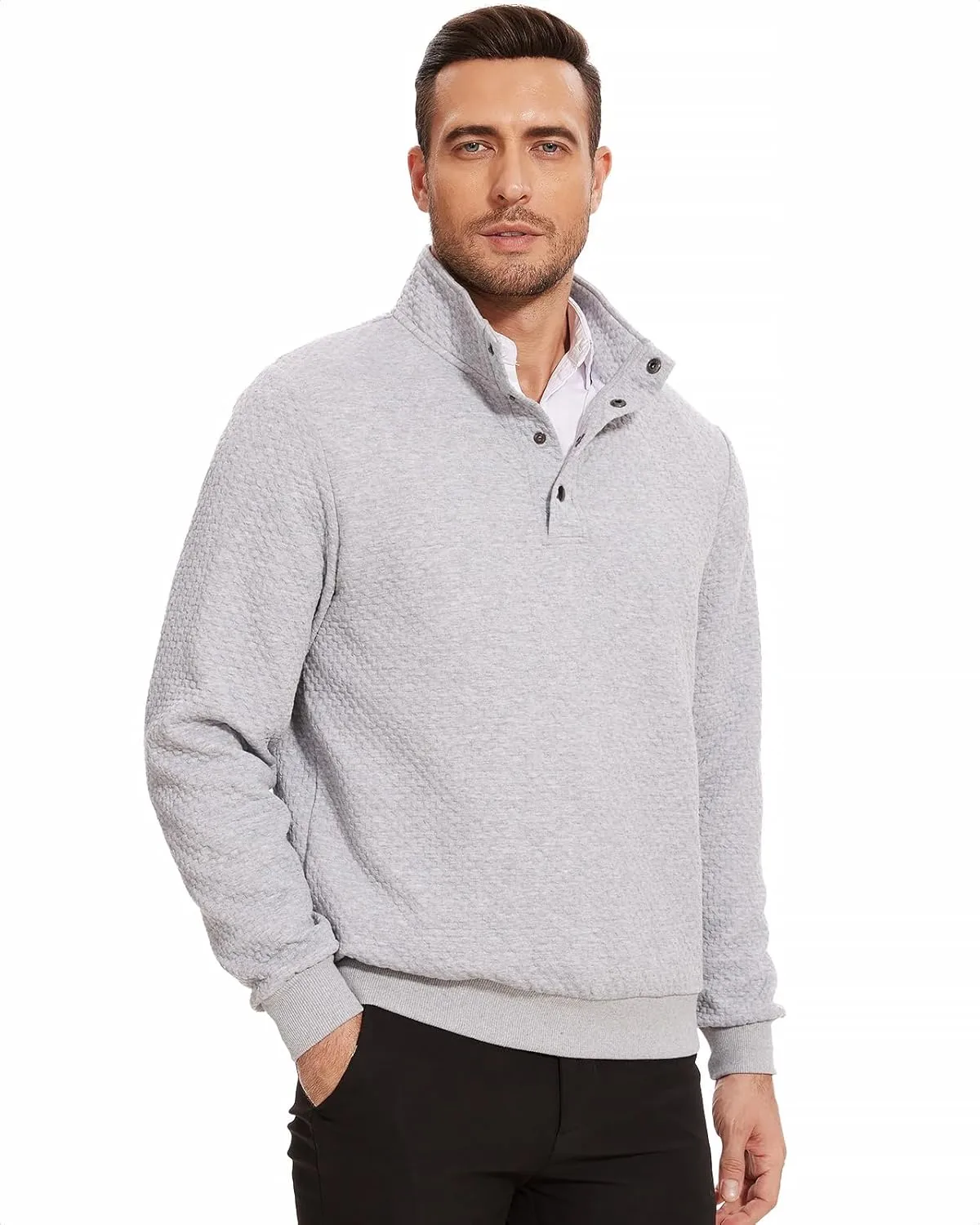 Men's Sweatshirt Quilted Mens Sweater Quarter Button Pullover Sweater Knit Long Sleeve Stand Collar Warm Lightweight