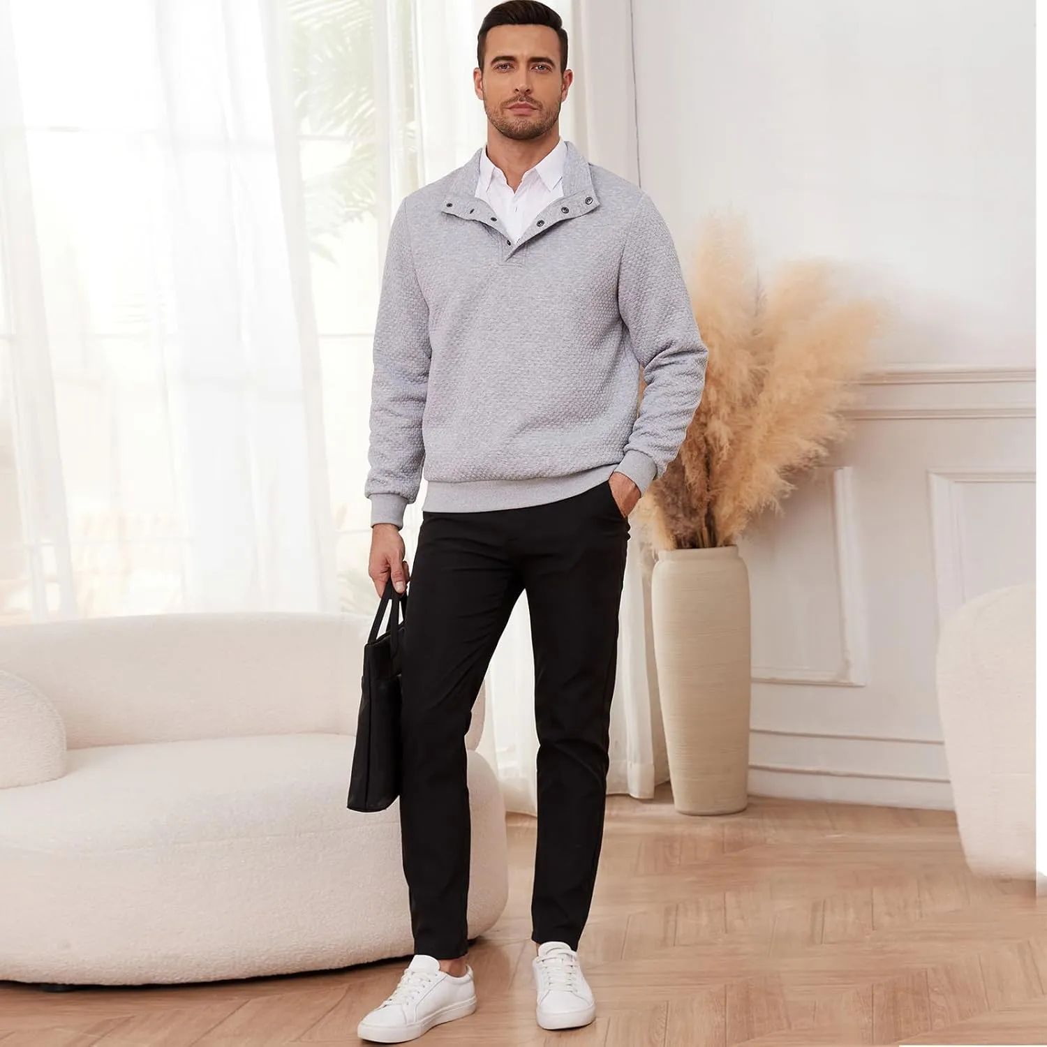 Men's Sweatshirt Quilted Mens Sweater Quarter Button Pullover Sweater Knit Long Sleeve Stand Collar Warm Lightweight