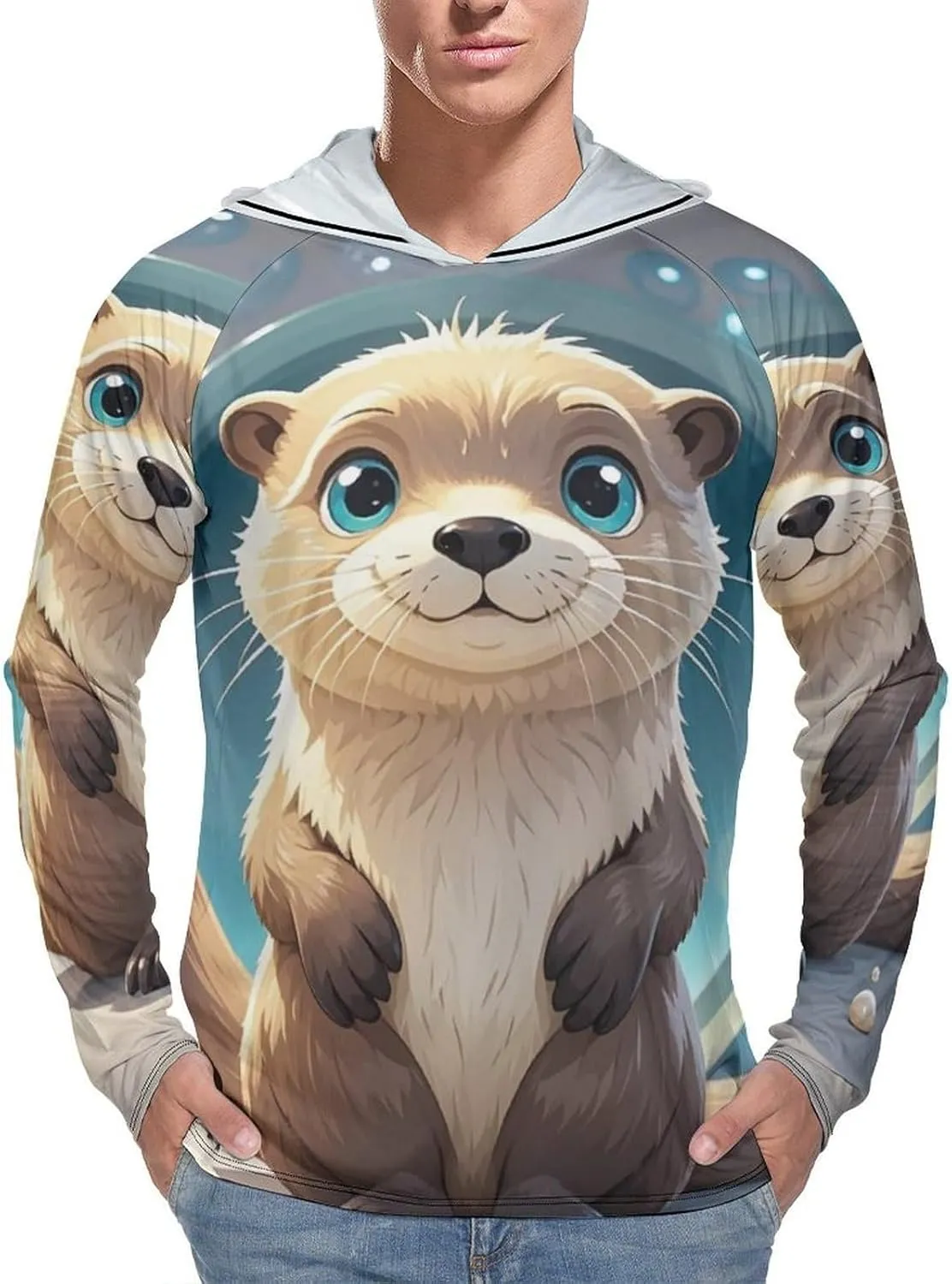 Men's UPF 50  Sun Protection Hoodie Outdoor UV Shirts Cartoon Cute Otter Long Sleeve Quick Dry Fishing Hiking Shirt