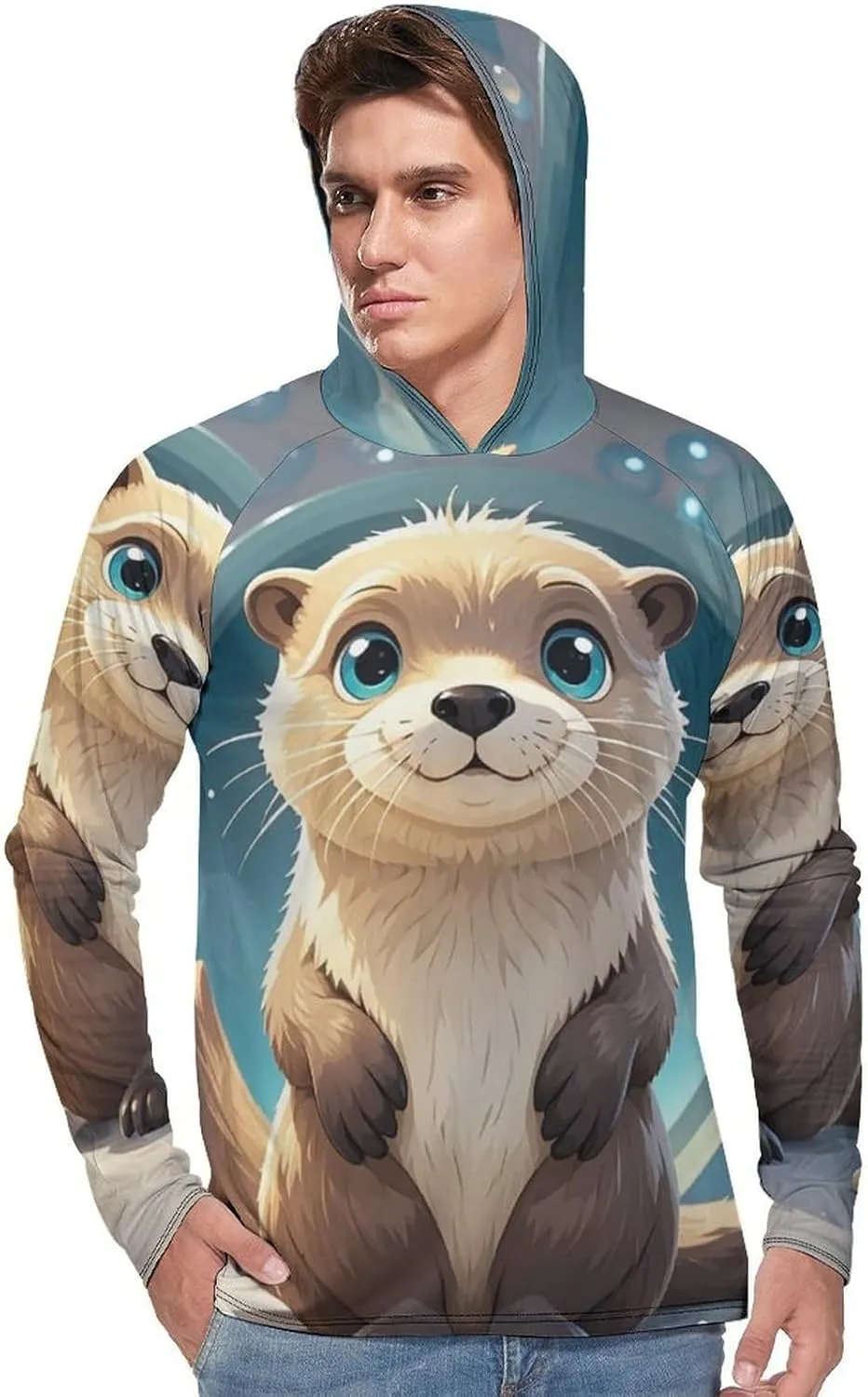 Men's UPF 50  Sun Protection Hoodie Outdoor UV Shirts Cartoon Cute Otter Long Sleeve Quick Dry Fishing Hiking Shirt