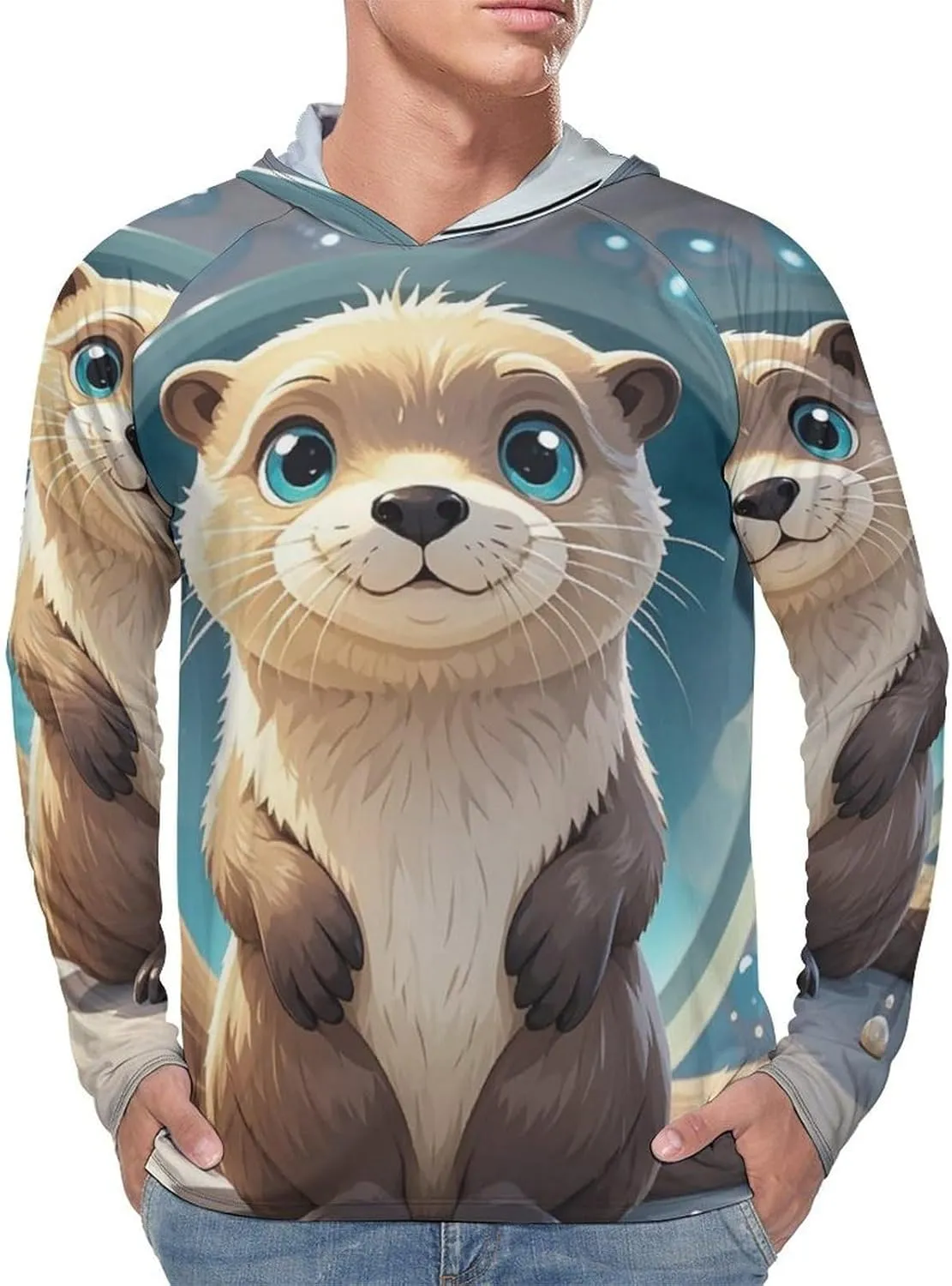 Men's UPF 50  Sun Protection Hoodie Outdoor UV Shirts Cartoon Cute Otter Long Sleeve Quick Dry Fishing Hiking Shirt