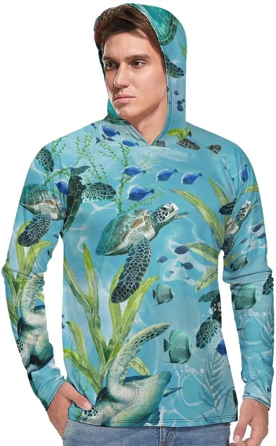 Men's UPF 50  Sun Protection Hoodie Outdoor UV Shirts Sea Turtle-Blue Long Sleeve Quick Dry Fishing Hiking Shirt