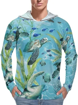 Men's UPF 50  Sun Protection Hoodie Outdoor UV Shirts Sea Turtle-Blue Long Sleeve Quick Dry Fishing Hiking Shirt
