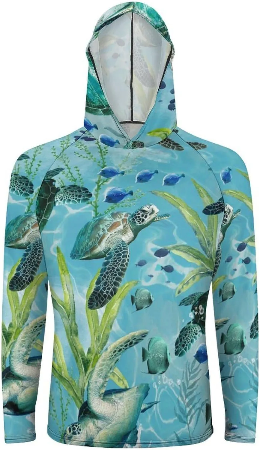 Men's UPF 50  Sun Protection Hoodie Outdoor UV Shirts Sea Turtle-Blue Long Sleeve Quick Dry Fishing Hiking Shirt
