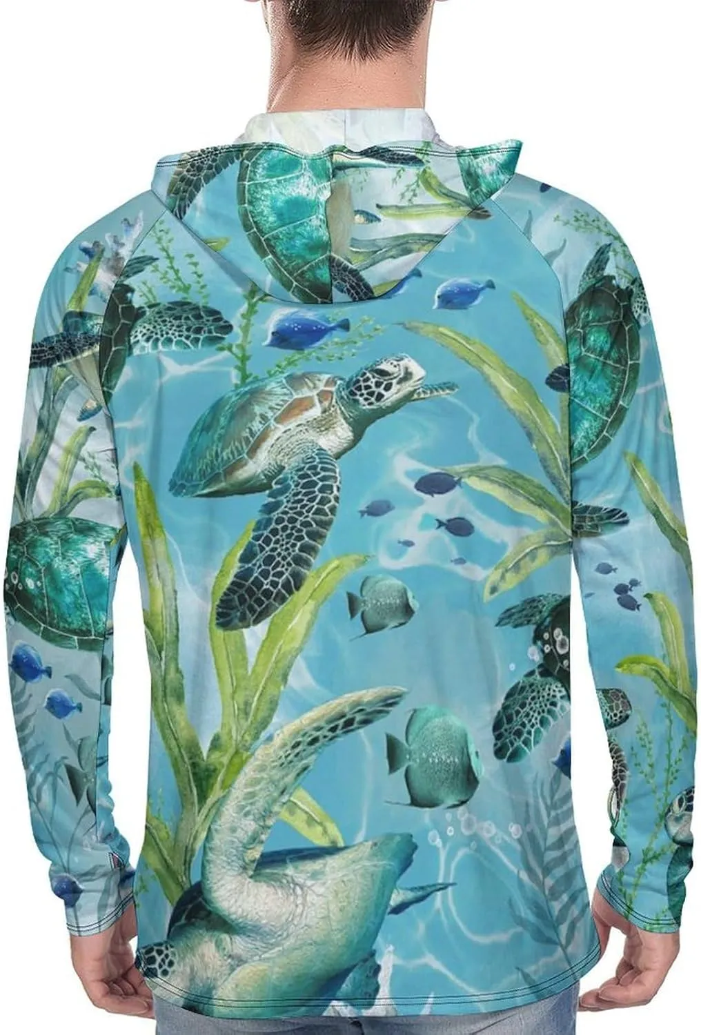Men's UPF 50  Sun Protection Hoodie Outdoor UV Shirts Sea Turtle-Blue Long Sleeve Quick Dry Fishing Hiking Shirt