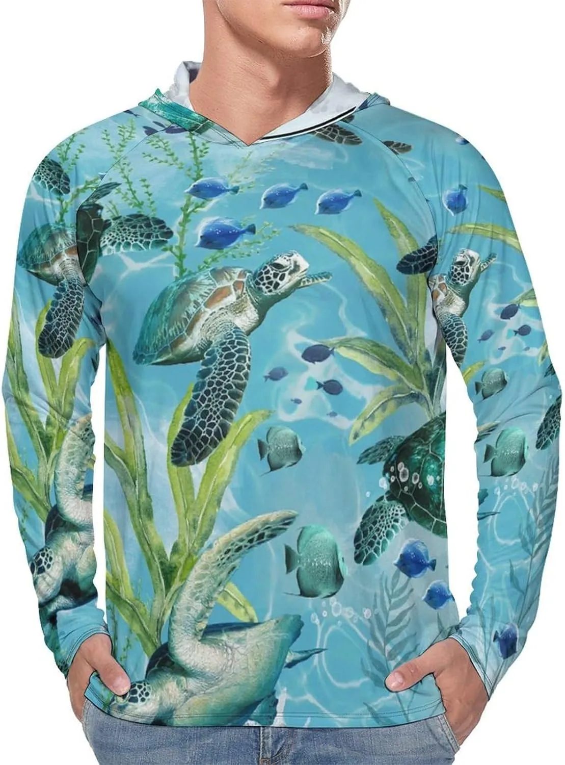 Men's UPF 50  Sun Protection Hoodie Outdoor UV Shirts Sea Turtle-Blue Long Sleeve Quick Dry Fishing Hiking Shirt