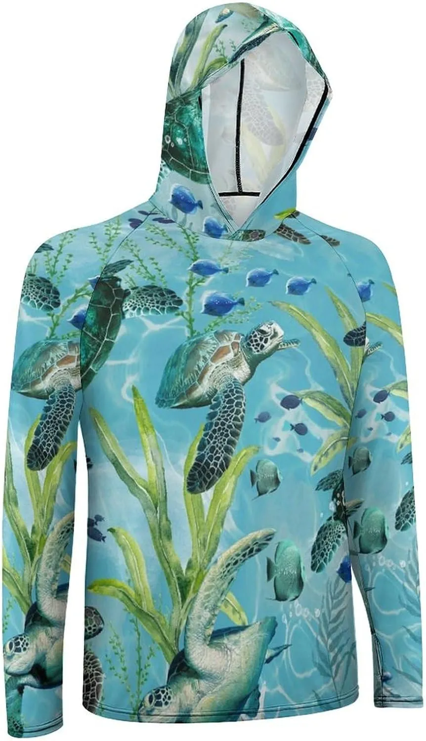 Men's UPF 50  Sun Protection Hoodie Outdoor UV Shirts Sea Turtle-Blue Long Sleeve Quick Dry Fishing Hiking Shirt