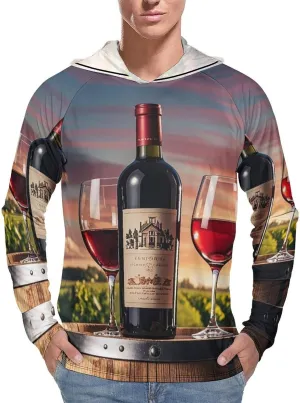 Men's UPF 50  Sun Protection Hoodie Outdoor UV Shirts Wooden Wine Barrel on Wine Bottle Long Sleeve Quick Dry Fishing Hiking Shirt L