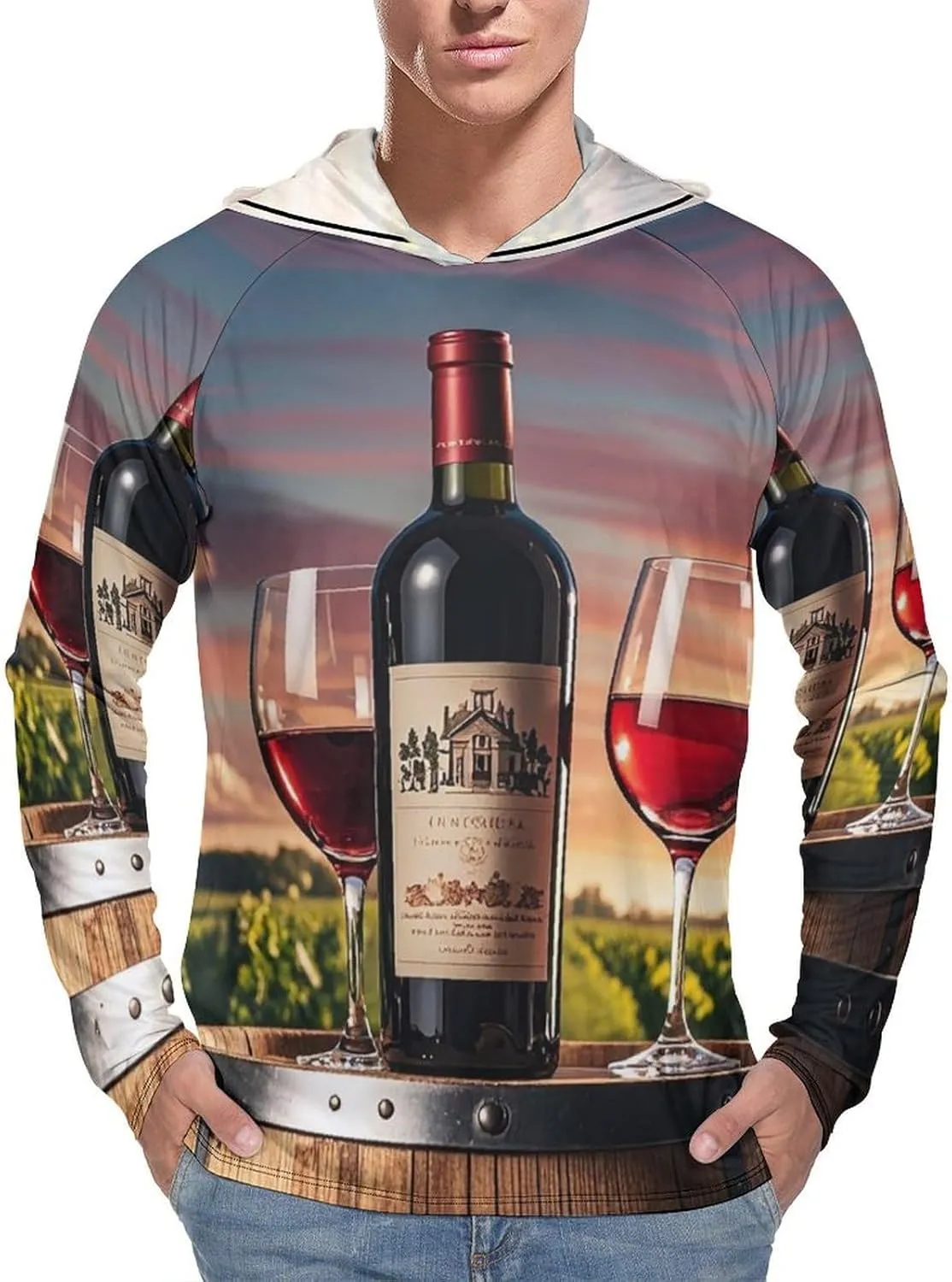 Men's UPF 50  Sun Protection Hoodie Outdoor UV Shirts Wooden Wine Barrel on Wine Bottle Long Sleeve Quick Dry Fishing Hiking Shirt L