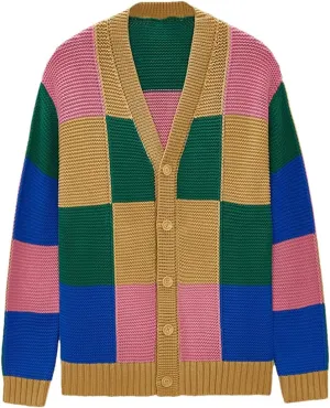Men's Vintage Knitt Patchwork Sweater Cardigan Long Sleeve V Neck Knitwear Jacket Color Block Sweaters