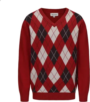 Men's Wool Blend Plaid Sweater V Neck Knitted Long Sleeve Argyle Pullover for Casual Or Dressy Wear