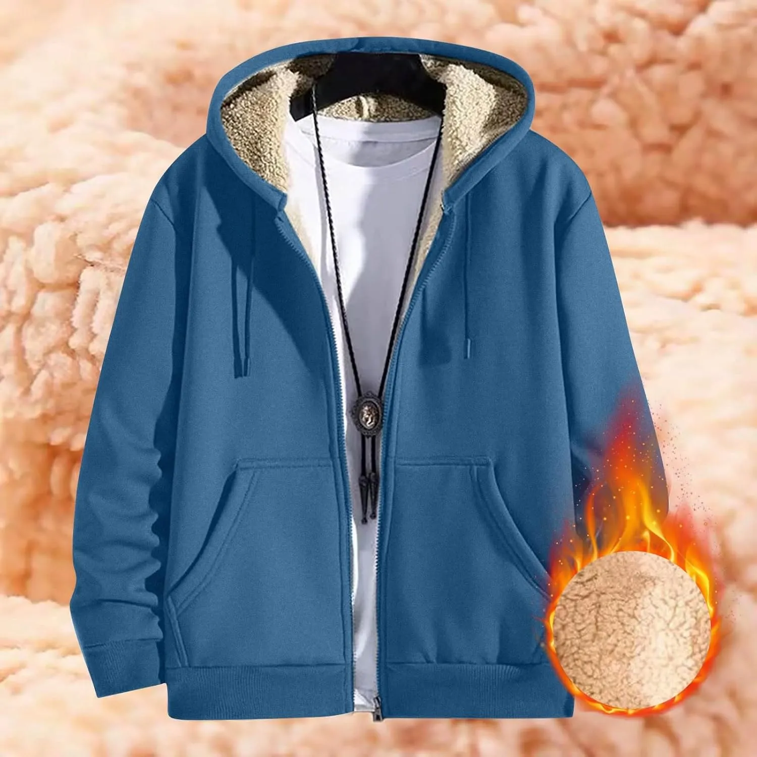 Mens Zip Up Hoodie Loose Fit Plus Size Fleece Lined Hooded Sweatshirt Comfy Warm Work Sherpa Jacket with Pockets