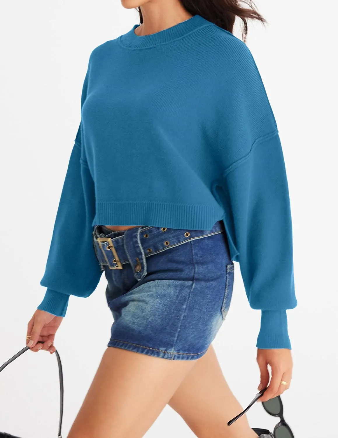 MEROKEETY Women's 2025 Crewneck Cropped Sweater Fall Batwing Sleeve Oversized Side Slit Ribbed Knit Pullover Jumper Tops