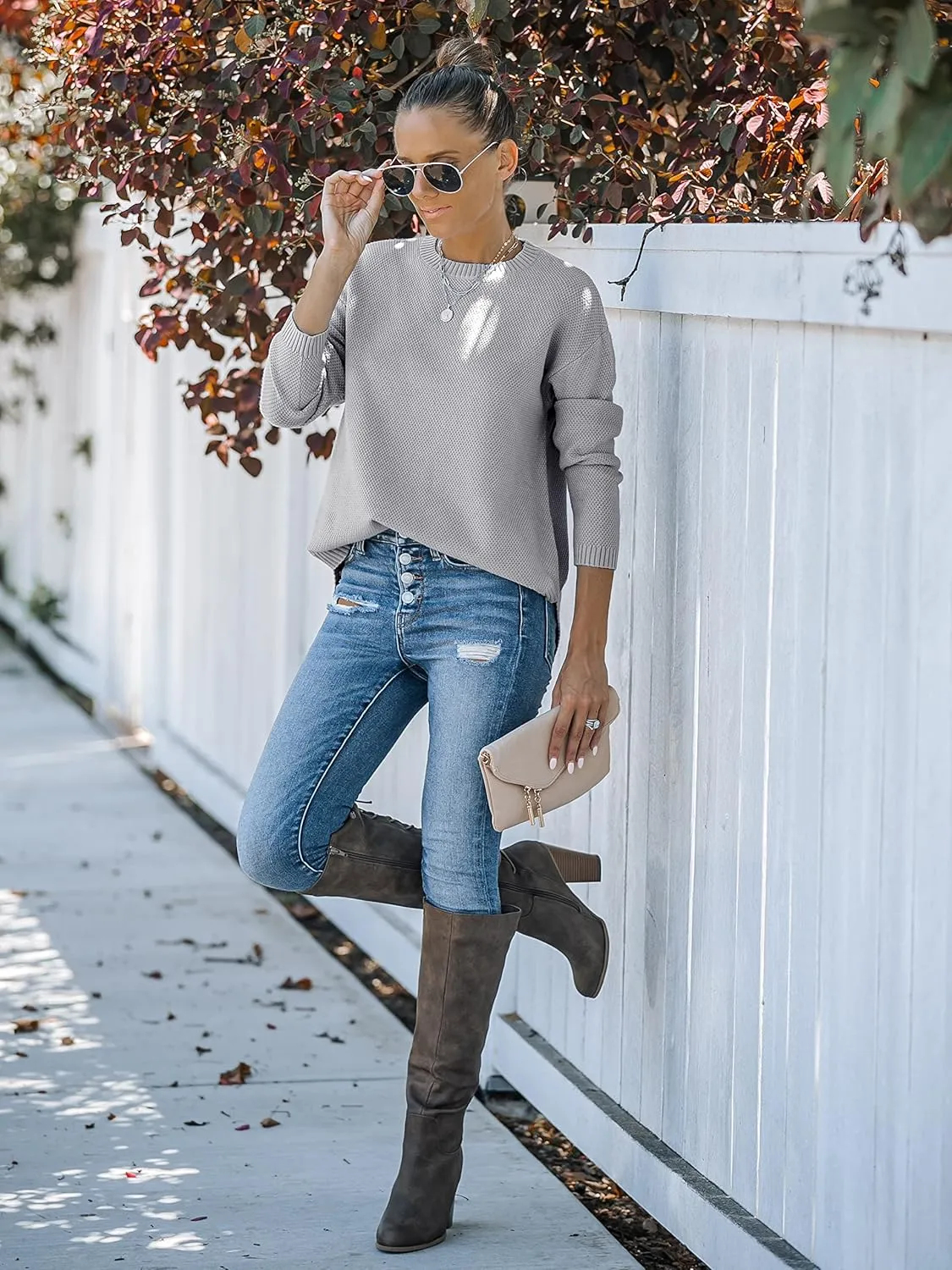 MEROKEETY Women's 2025 Fall Long Sleeve Oversized Crew Neck Solid Color Knit Pullover Sweater Tops