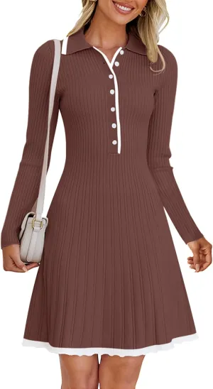 MEROKEETY Women's Long Sleeve V Neck Sweater Dress 2025 Spring Button Knit Pleated Mini Work Dresses