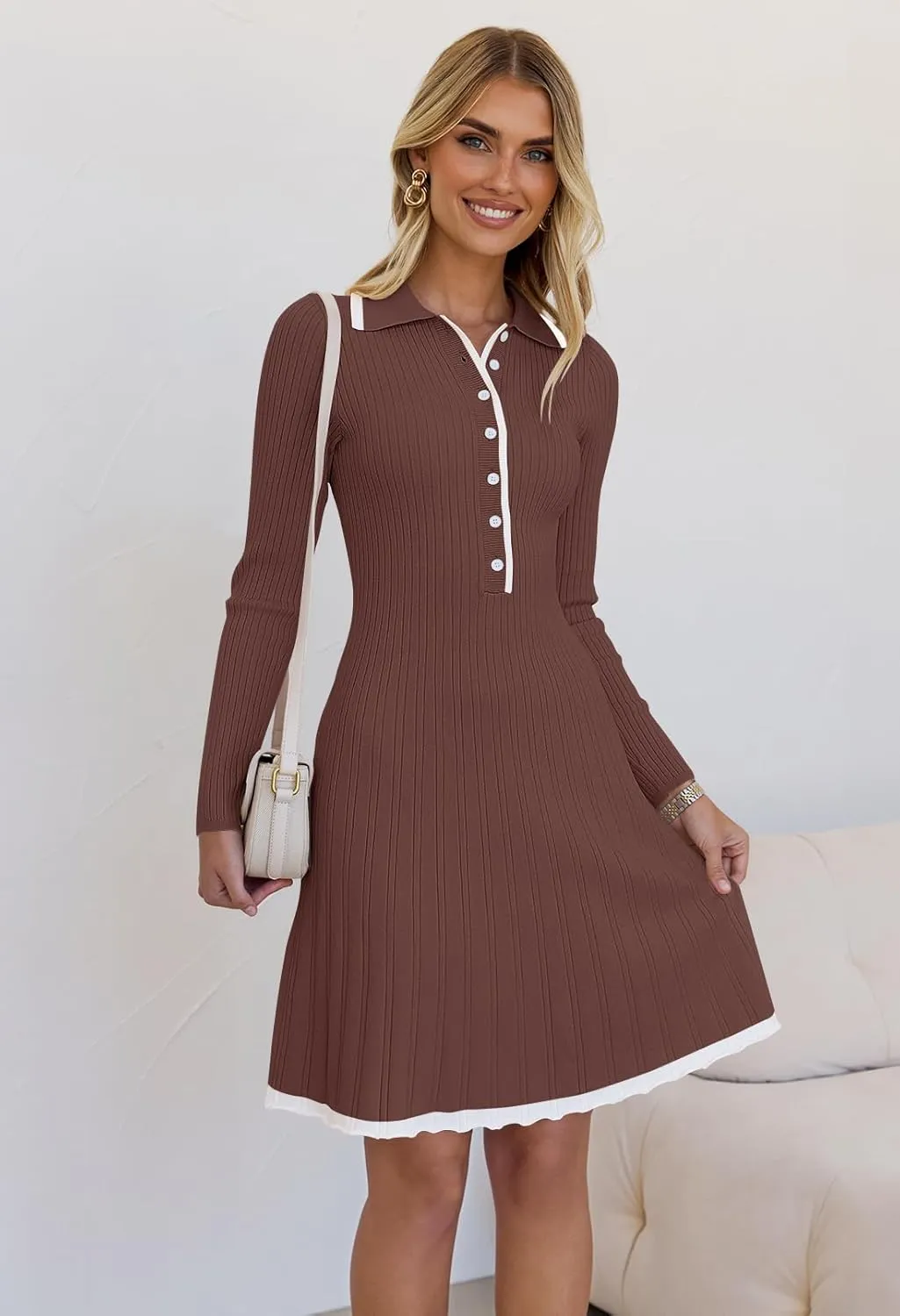 MEROKEETY Women's Long Sleeve V Neck Sweater Dress 2025 Spring Button Knit Pleated Mini Work Dresses