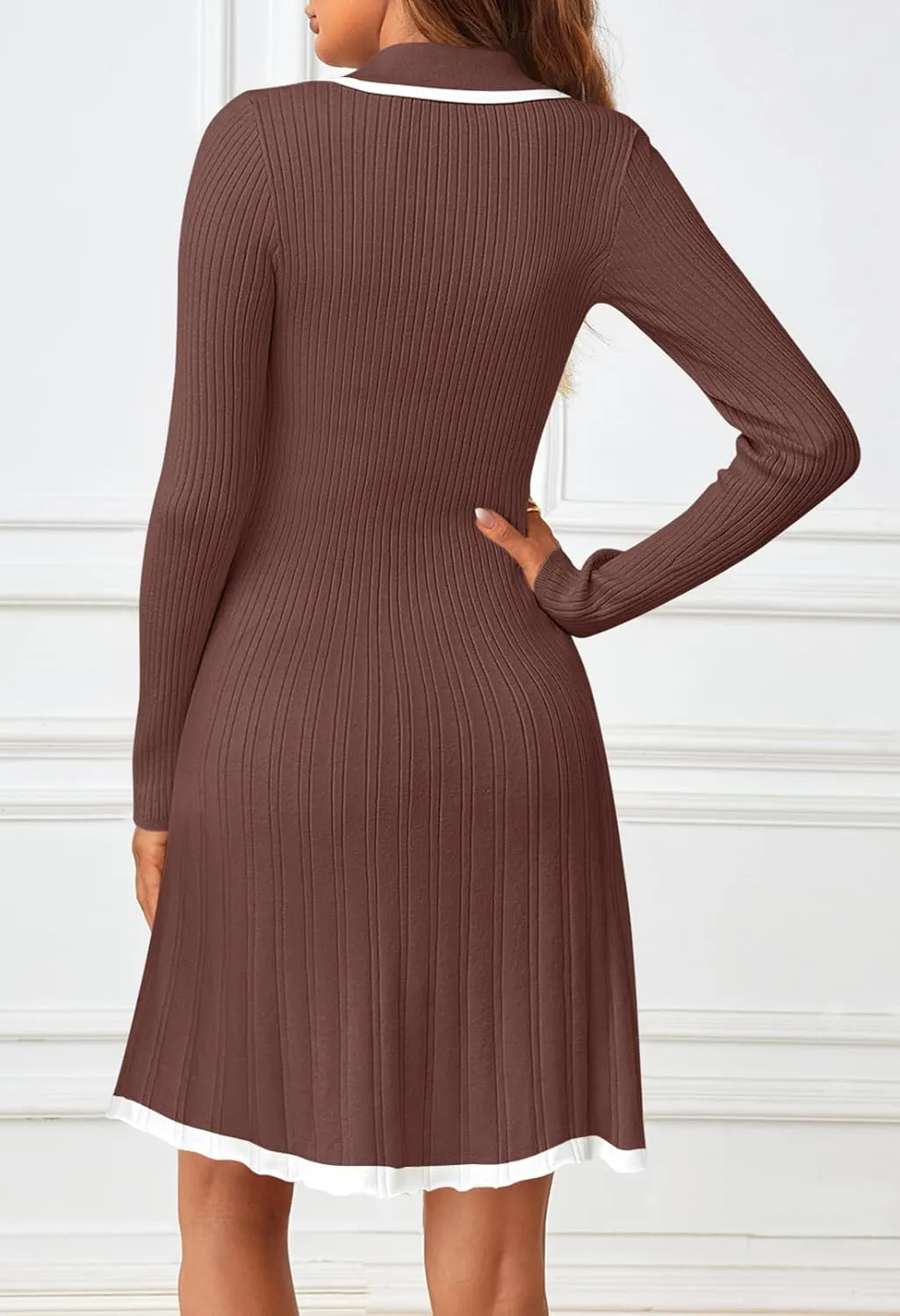 MEROKEETY Women's Long Sleeve V Neck Sweater Dress 2025 Spring Button Knit Pleated Mini Work Dresses
