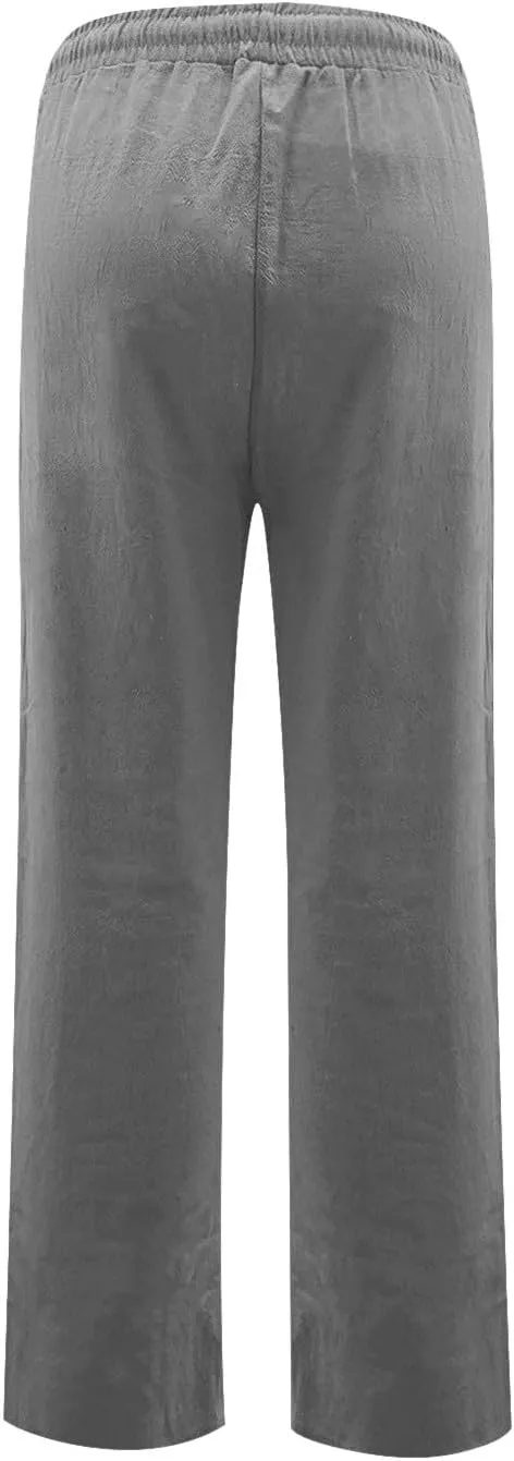 midelxp Straight Leg Linen Pants Women Comfy Loose Fitting Drawstring Pants with Pockets Casual High Waisted Trousers Pants