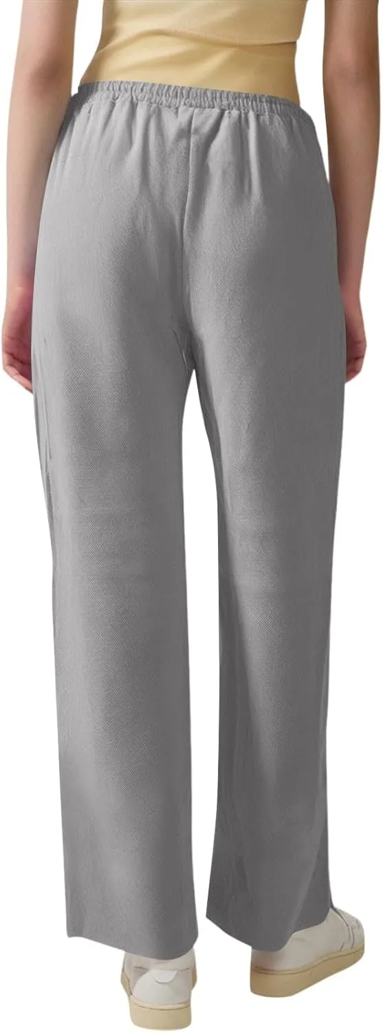 midelxp Straight Leg Linen Pants Women Comfy Loose Fitting Drawstring Pants with Pockets Casual High Waisted Trousers Pants