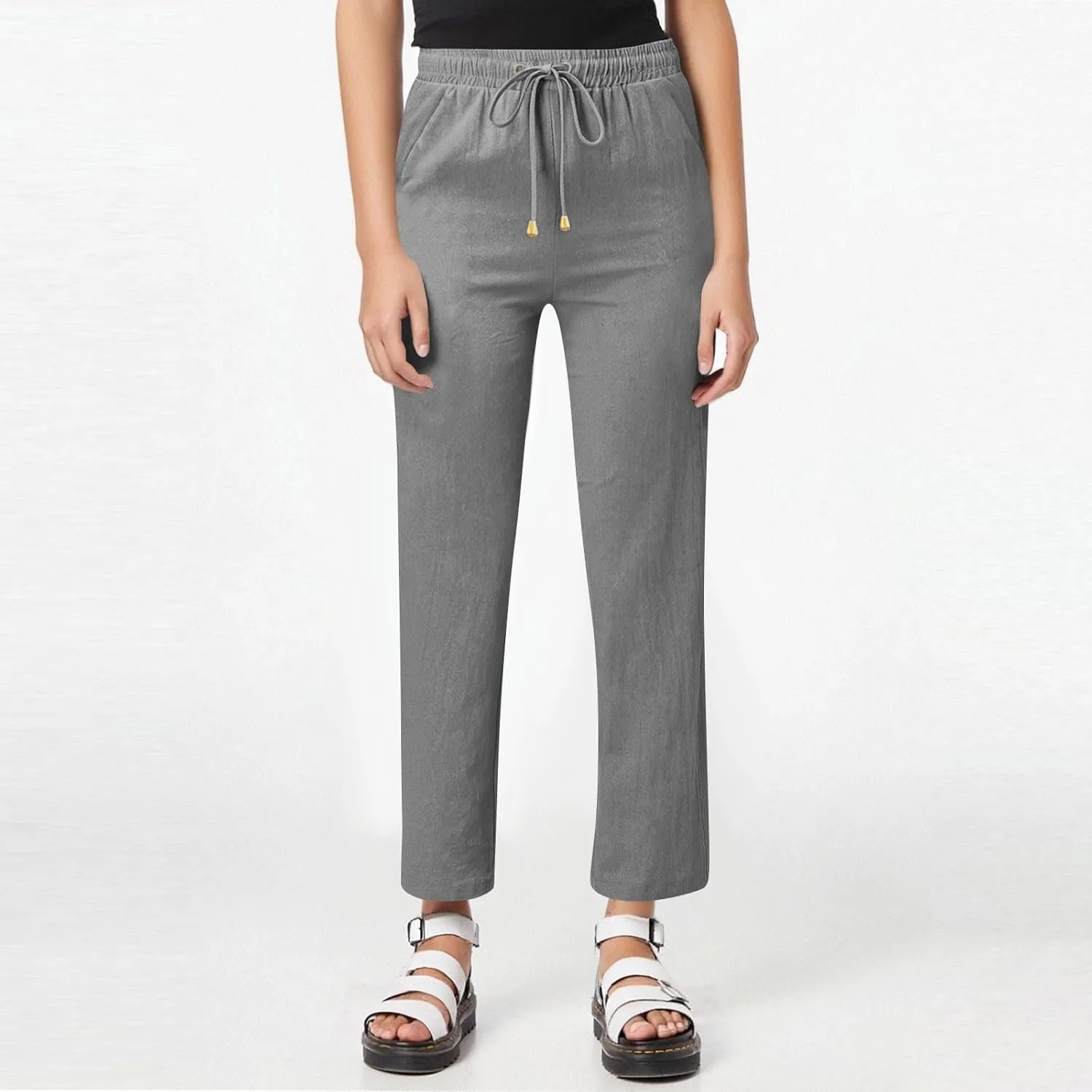 midelxp Straight Leg Linen Pants Women Comfy Loose Fitting Drawstring Pants with Pockets Casual High Waisted Trousers Pants