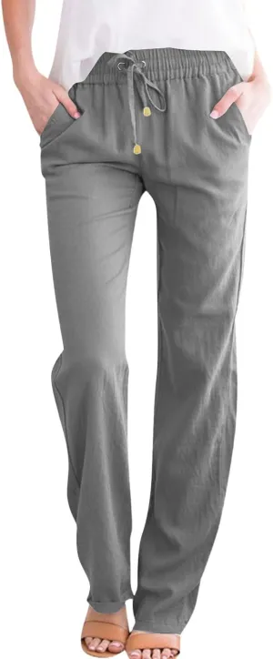 midelxp Straight Leg Linen Pants Women Comfy Loose Fitting Drawstring Pants with Pockets Casual High Waisted Trousers Pants