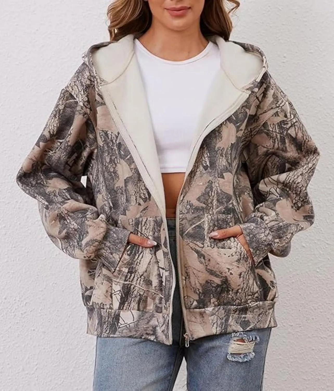 MISSACTIVER Camo Zip Up Hoodie Women Men Maple Leaf Print Fleece Oversized Hooded Sweatshirt Long Sleeve Jackets