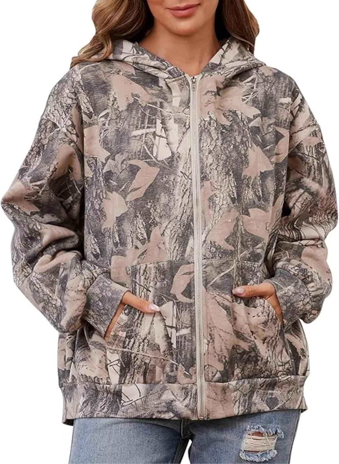 MISSACTIVER Camo Zip Up Hoodie Women Men Maple Leaf Print Fleece Oversized Hooded Sweatshirt Long Sleeve Jackets