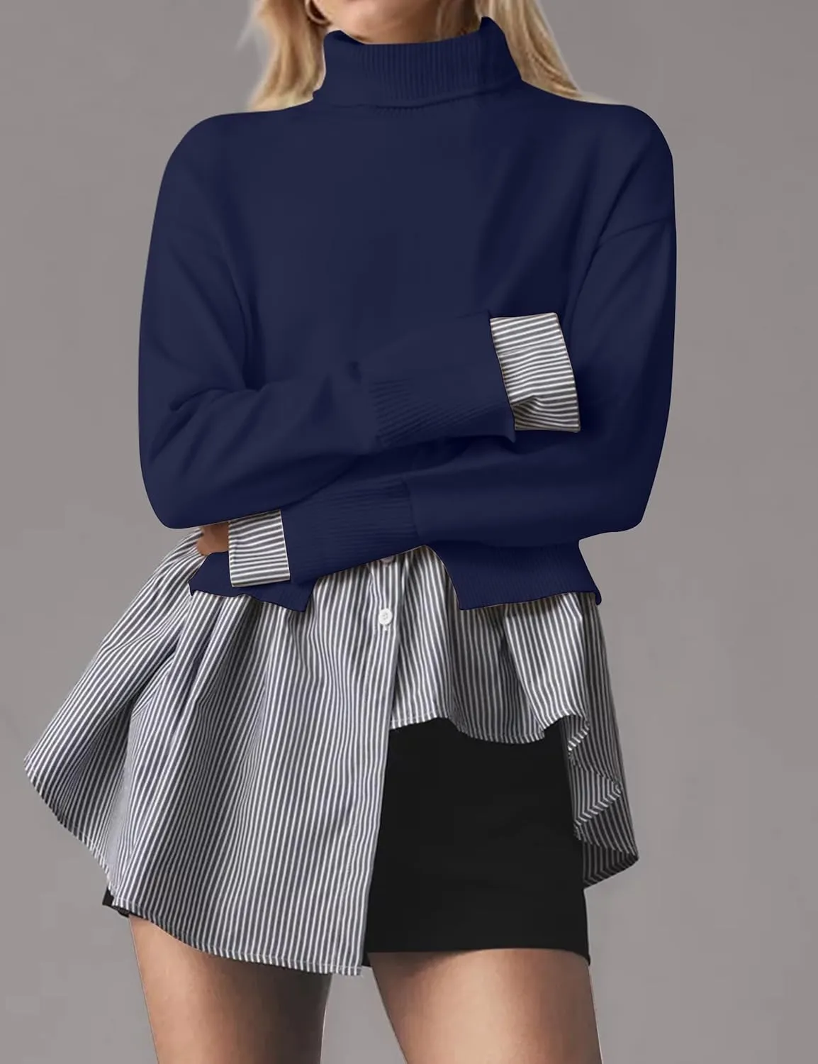 MISSACTIVER Women Slit Turtleneck Patchwork Sweater 2 in 1 Buttons Down Pullover Knit Sweater Asymmetrical Hem Shirt Top