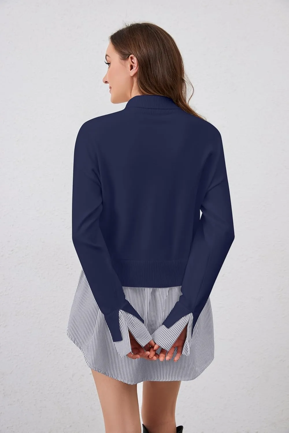 MISSACTIVER Women Slit Turtleneck Patchwork Sweater 2 in 1 Buttons Down Pullover Knit Sweater Asymmetrical Hem Shirt Top